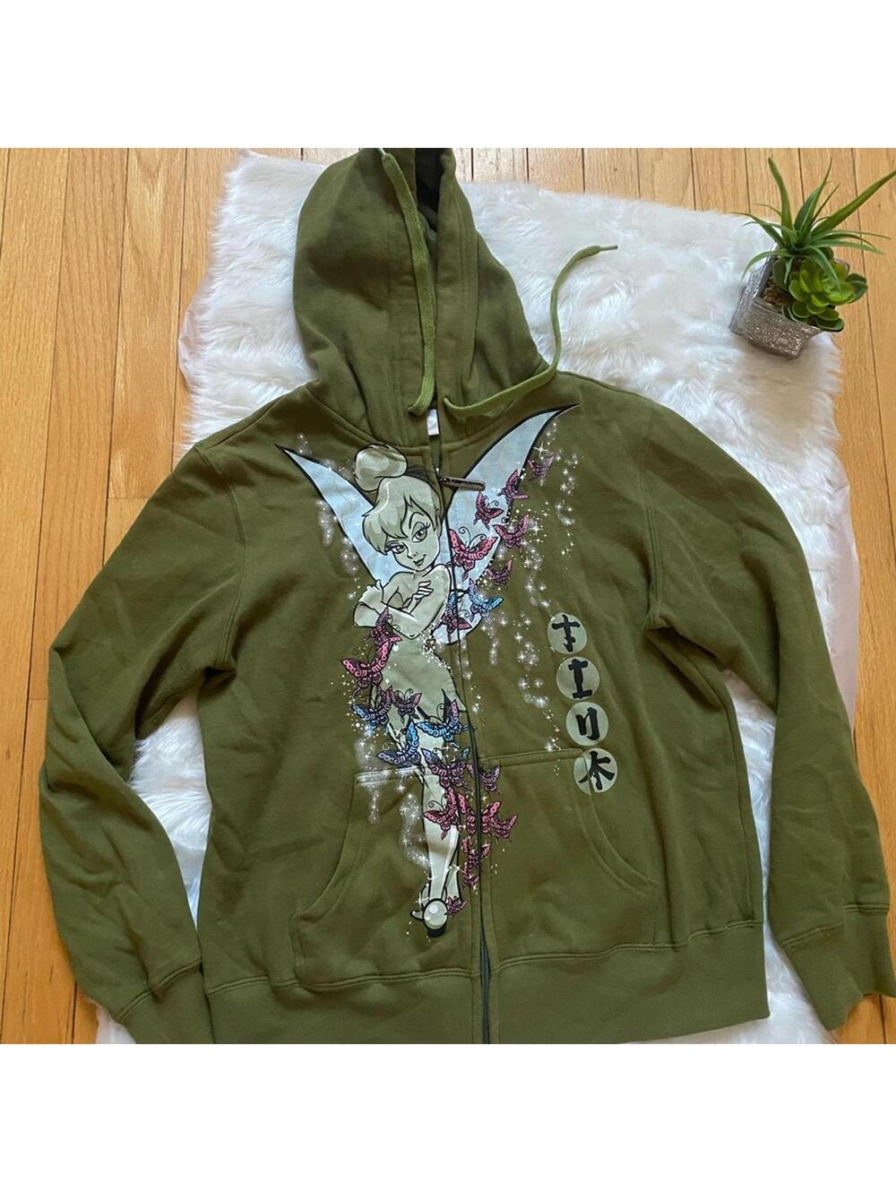 Disney Olive Green Tinker Bell Zip-Up Hoodie Size Youth Large